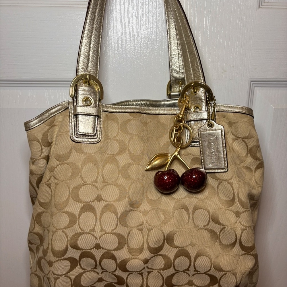Vintage Coach Khaki Monogram Tote Bag with Metallic Gold Trim
